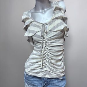 Y2K Grey/White Striped Frill-Detail Top